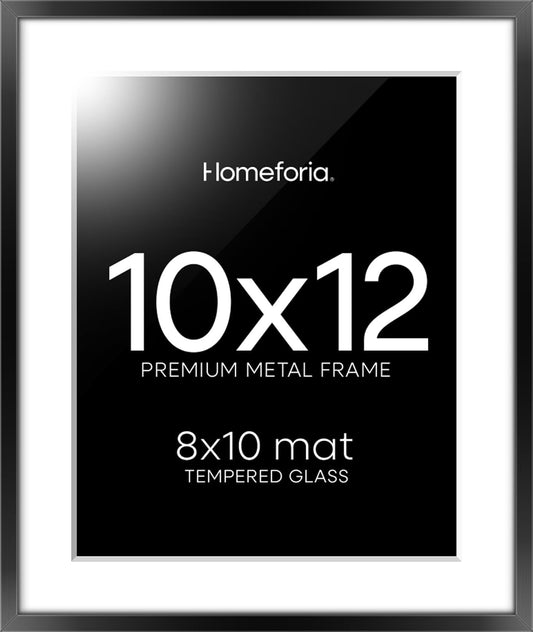 Homeforia Black 10x12 Picture Frame, High End Metal 10x12 Poster Frames with Mat 8x10, 10 x 12 Black Frame Matted to 8 x 10 inch Photo, 10 by 12 Thin Hanging Frames, Tempered Glass, Wall Kit, Set of 1