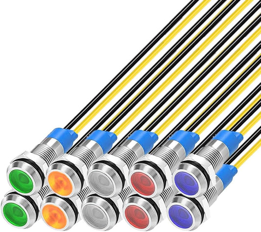 10Pcs 6mm 110V-220VAC LED Metal Indicator Light Waterproof Signal Lamp (Green/Orange/Red/Blue/White,Each 2pcs)