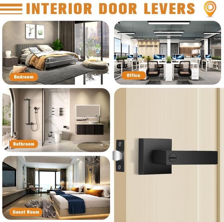 Probrico Interior Black Door Handle, Heavy Duty, Flat Square Privacy Door Handles, Keyless Door Levers Lockset for Bedroom and Bathroom (6 Pack, Modern)