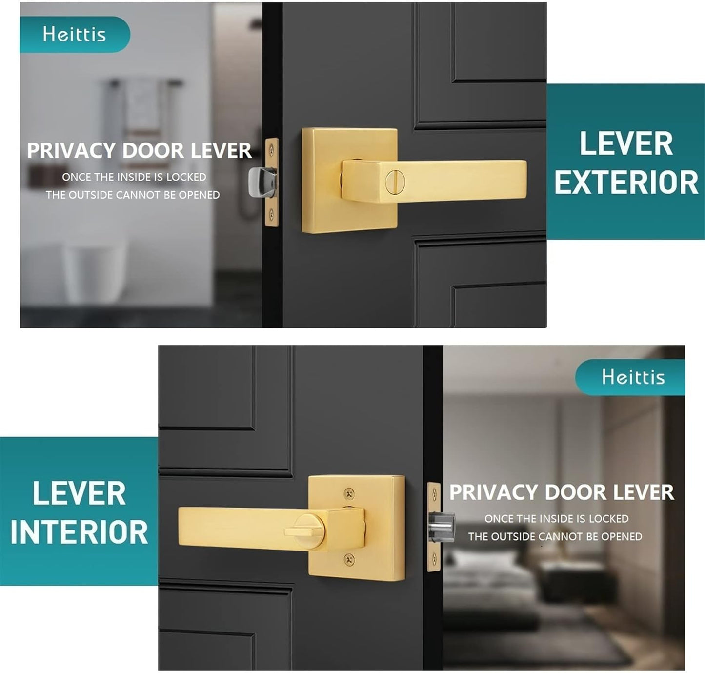 2 Pack Heavy Duty Bathroom Door Handle, Square Stain Brass Privacy Gold Door Locks,Interior Door Knob Locked Inside with Turn Thumb Left/Right Handed Reversible,Keyless