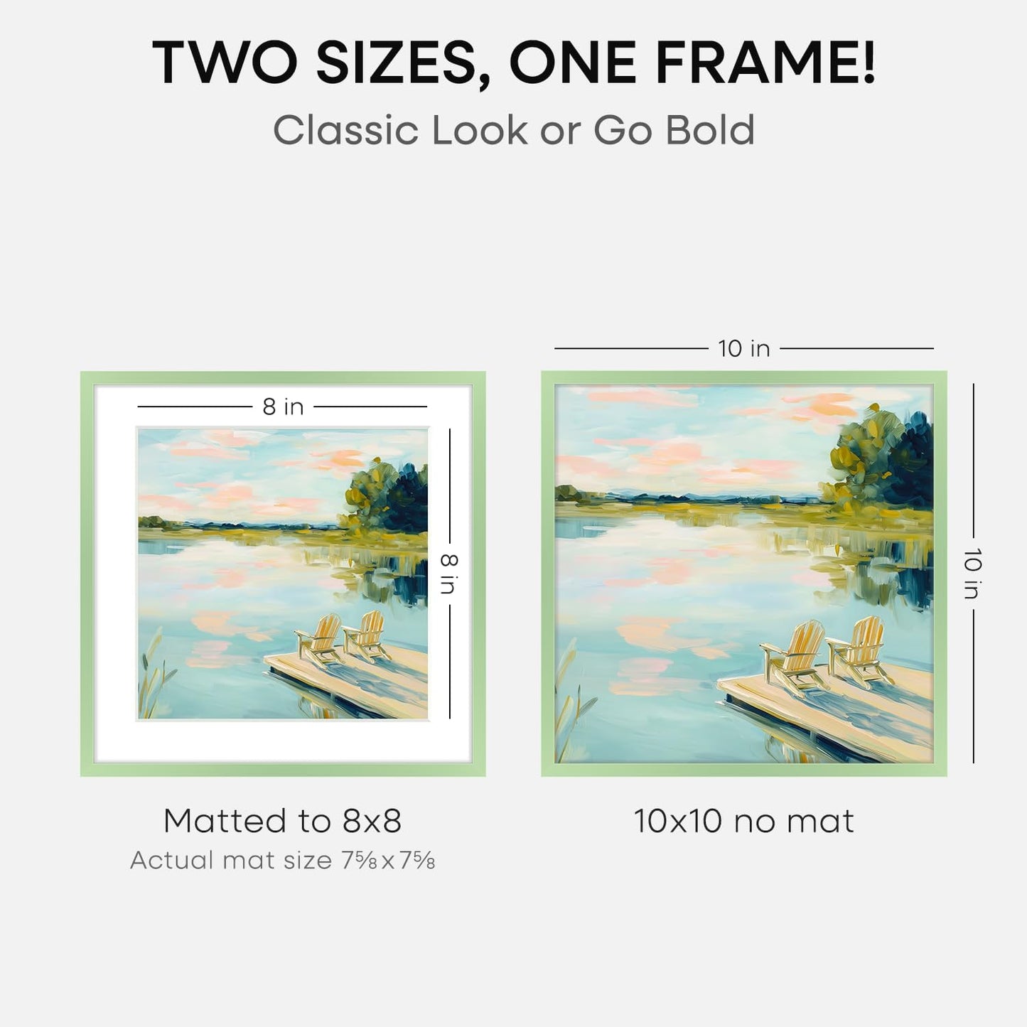 Homeforia 10x10 Picture Frame Sage Green, High End Metal 10 by 10 Square Frames with Mat 8 x 8 Photo, 10by10 Poster Frame Matted to 8x8 Art, Wall or Tabletop Frames, Tempered Glass, Wall Kit, Set of 2
