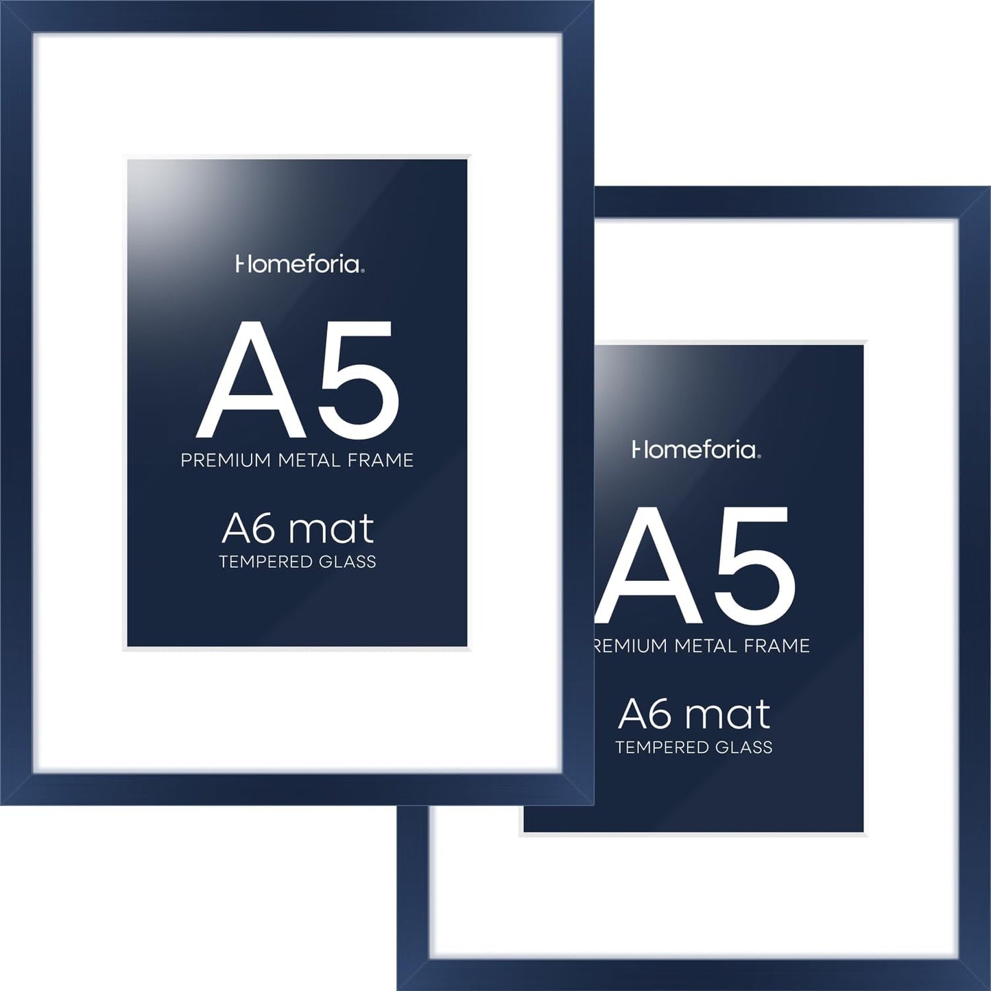 Homeforia A5 Navy Blue Frame, High End Metal 5.8 x 8.3 Picture Frames Matted to 4.1 by 5.8 inch Art, A5 Display Photo Frame with Mat A6, 5.8x8.3 Blue Poster Frames, Tempered Glass, Wall Kit, Set of 2
