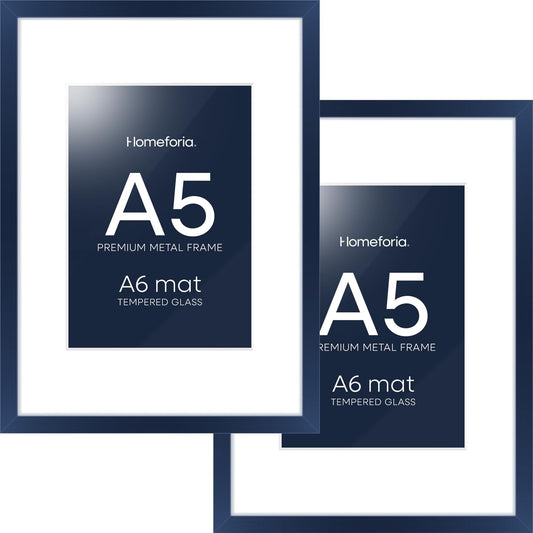 Homeforia A5 Navy Blue Frame, High End Metal 5.8 x 8.3 Picture Frames Matted to 4.1 by 5.8 inch Art, A5 Display Photo Frame with Mat A6, 5.8x8.3 Blue Poster Frames, Tempered Glass, Wall Kit, Set of 2
