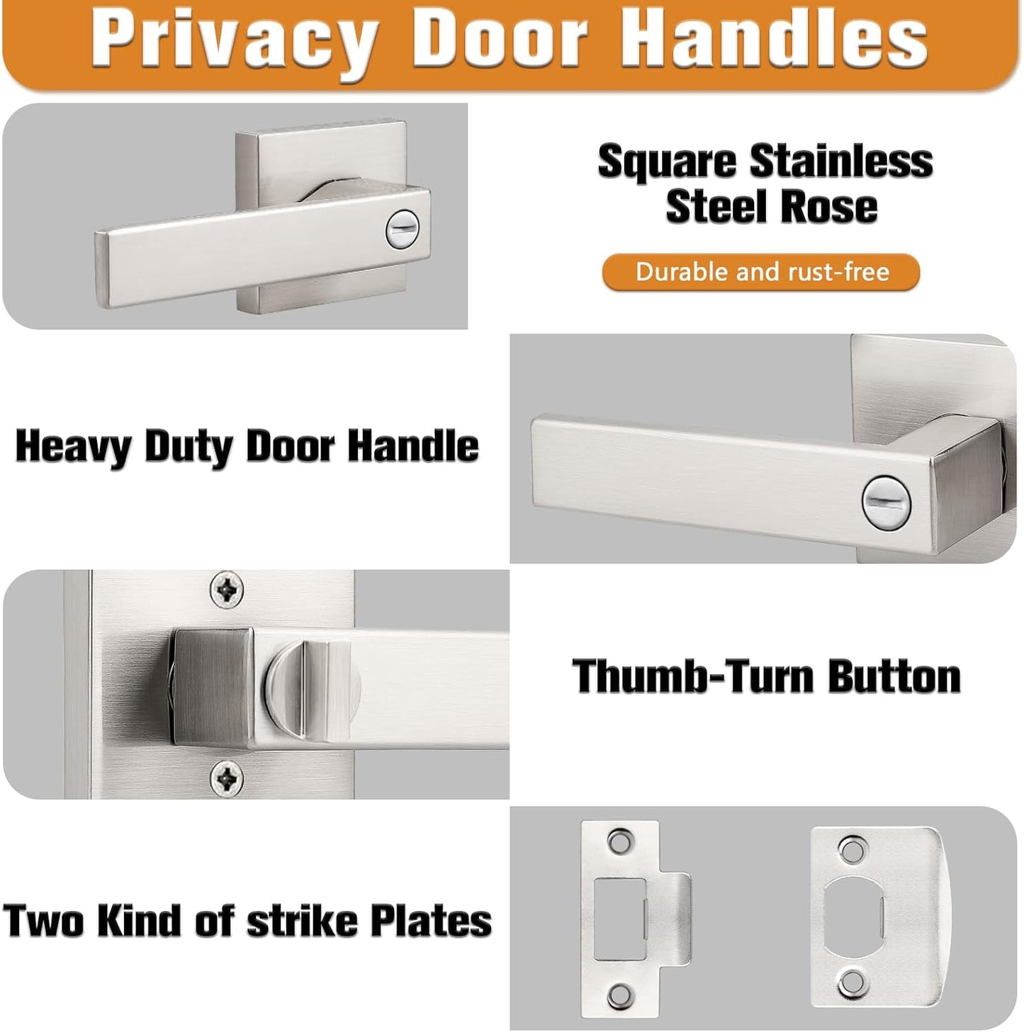 Probrico Interior Brushed Nickel Door Handle, Heavy Duty, Flat Square Privacy Door Handles, Keyless Door Levers Lockset for Bedroom and Bathroom (3 Pack, Modern)