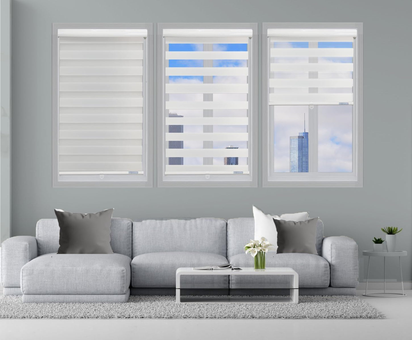 Shadesu Cordless Zebra Blinds for Windows, 88" W x 72" H, White, Dual Layer Free-Stop Zebra Shades, Light Control for Day and Night, Sheer Blinds for Indoor Windows, Bedroom, Kitchen