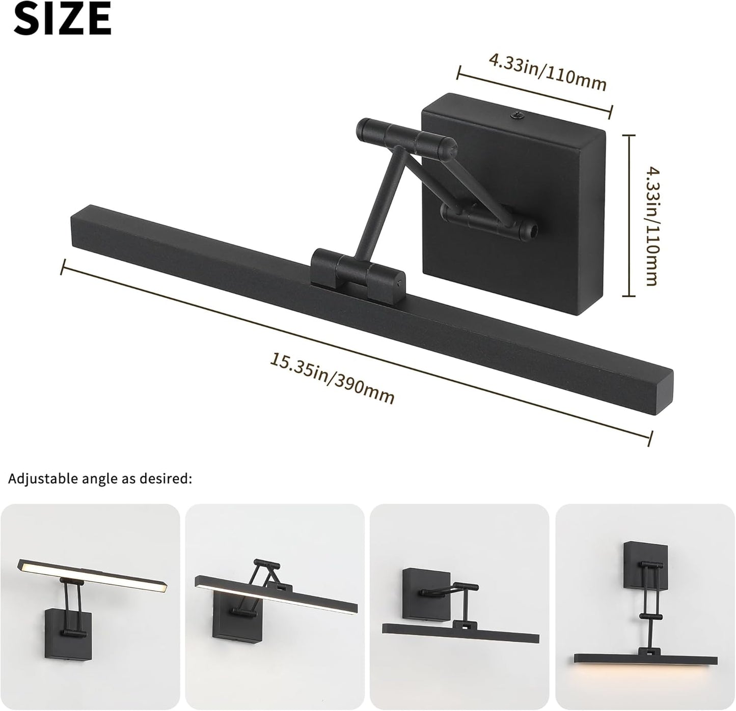 Hard-Wired Picture Light Dimmable LED Picture Lights for Paintings 15.7" Inch Black Metal Body Wall Pictures with Adjustable Swing Arm Art Display Lamps 7W 3000K Warm White Book Light