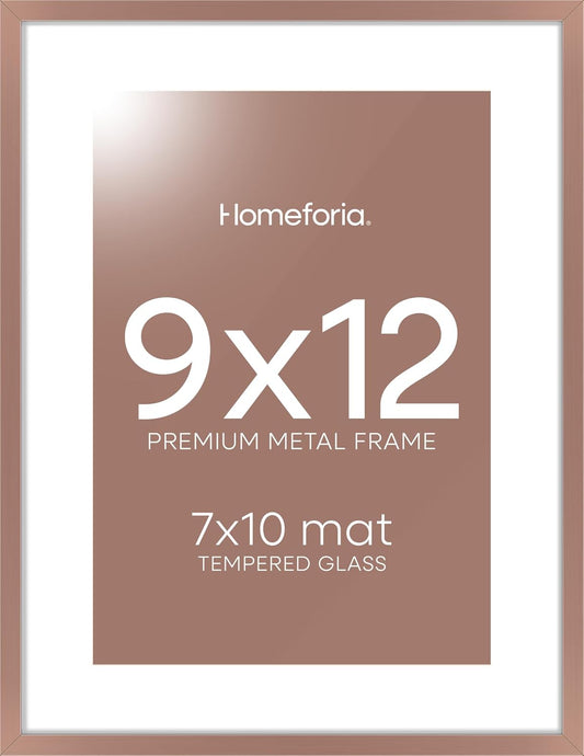 Homeforia 9x12 Picture Frame Mocha, High End Metal 9 x 12 Poster Frames with Mat 7 by 10 inch Photo, 9by12 Frame Matted to 7x10 in Art, 12x9 Wall or Tabletop Frames, Tempered Glass, Wall Kit, Set of 1