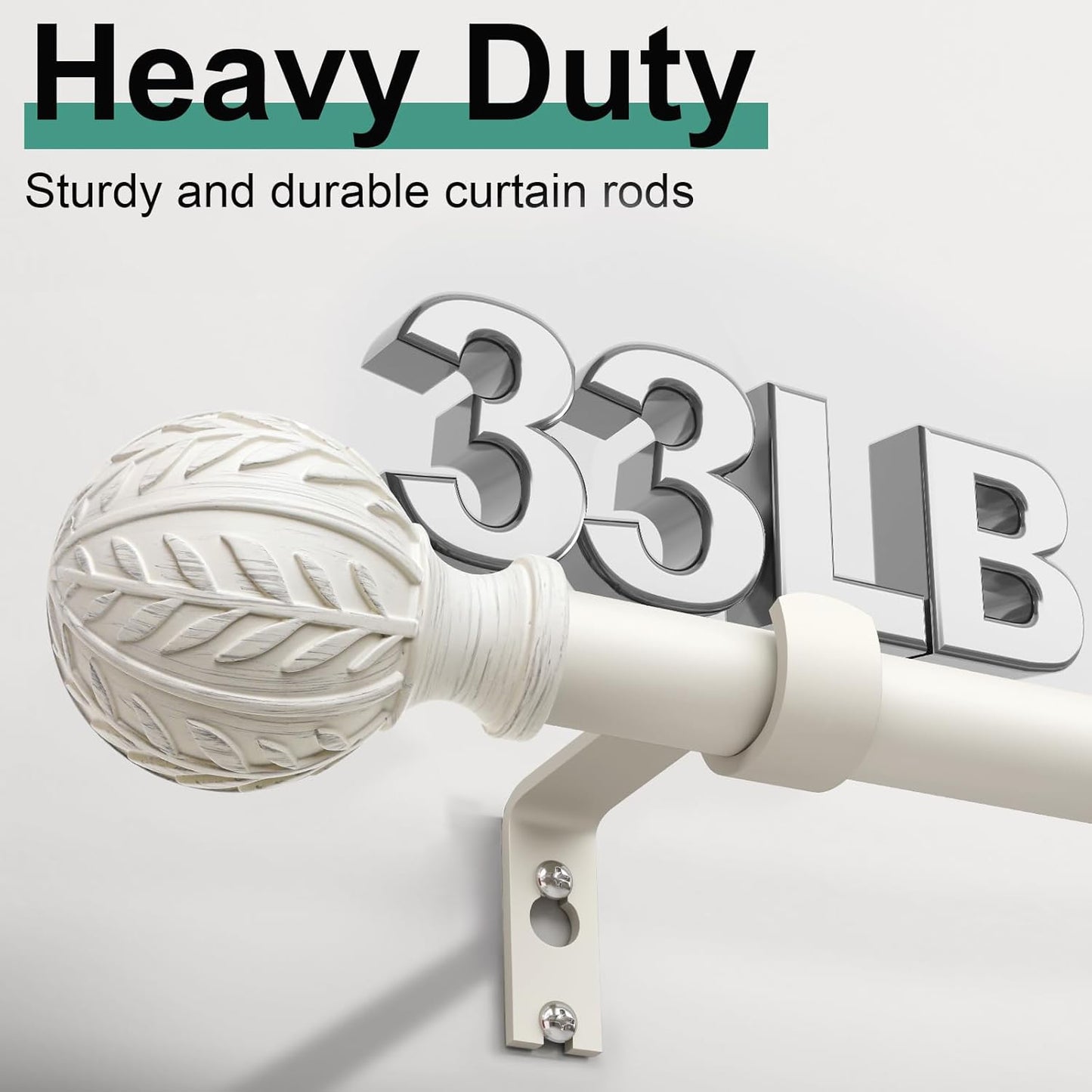 2 Pack Antique White Curtain Rods for Windows 28 to 48 inch,1" Adjustable Heavy Duty Window Curtain Rod with Leaf Finials,Rustic Decorative Drapery Rods Set,Size:18-60''