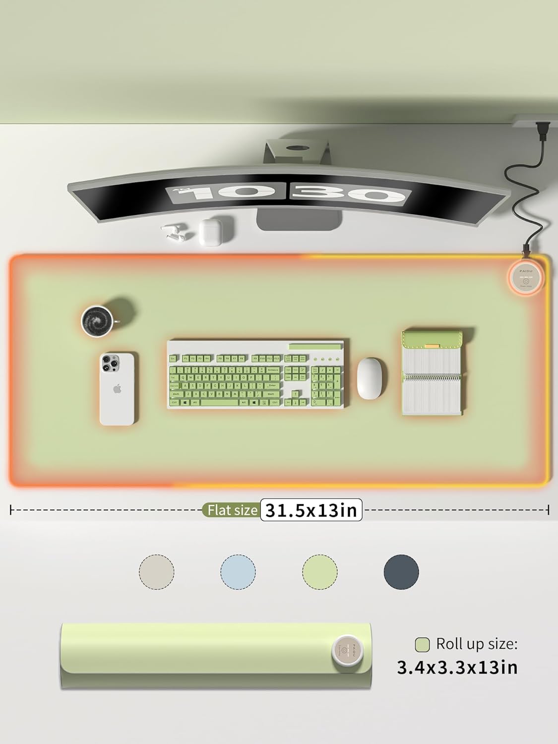 Heated Mouse Pad Hand Warmers, Electric Warm Office Desk Mat, 31.5" x 13", 3 Control Levels Temperature 3 Hours Auto Shut-Off, Suitable for Home/Offices Computer Keyboard Pads (Green)