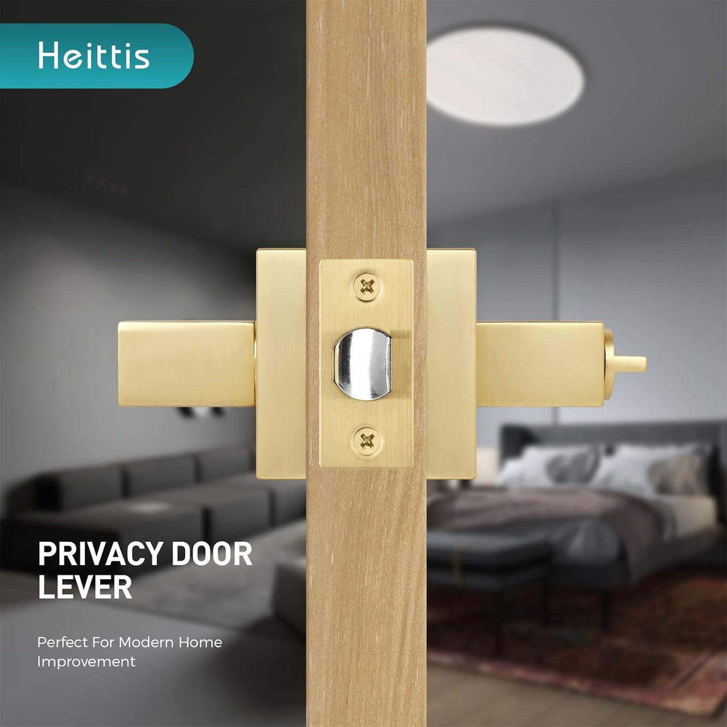 1 Pack Privacy Gold Door Knob, Square Stain Brass Door Knob for Bathroom,Gold Door Handle Interior Locked Inside with Turn Thumb Left/Right Handed Reversible,Keyless