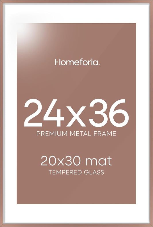 Homeforia 24x36 Picture Frame Mocha, High End Metal 24 x 36 Large Poster Frames with Mat 20 by 30 inch Photo, 24x36 Thin Frame Matted to 20x30 in Print, 36x24 Frame, Tempered Glass, Wall Kit, Set of 1
