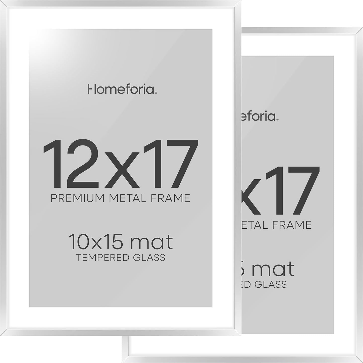 Homeforia 12x17 Picture Frame Silver, High End Metal 12x17 Frames with Mat 10x15 for Photo, 12 x 17 Silver Poster Frame Matted to 10 x 15 Print, 17x12 Hanging Frame, Tempered Glass, Wall Kit, Set of 2