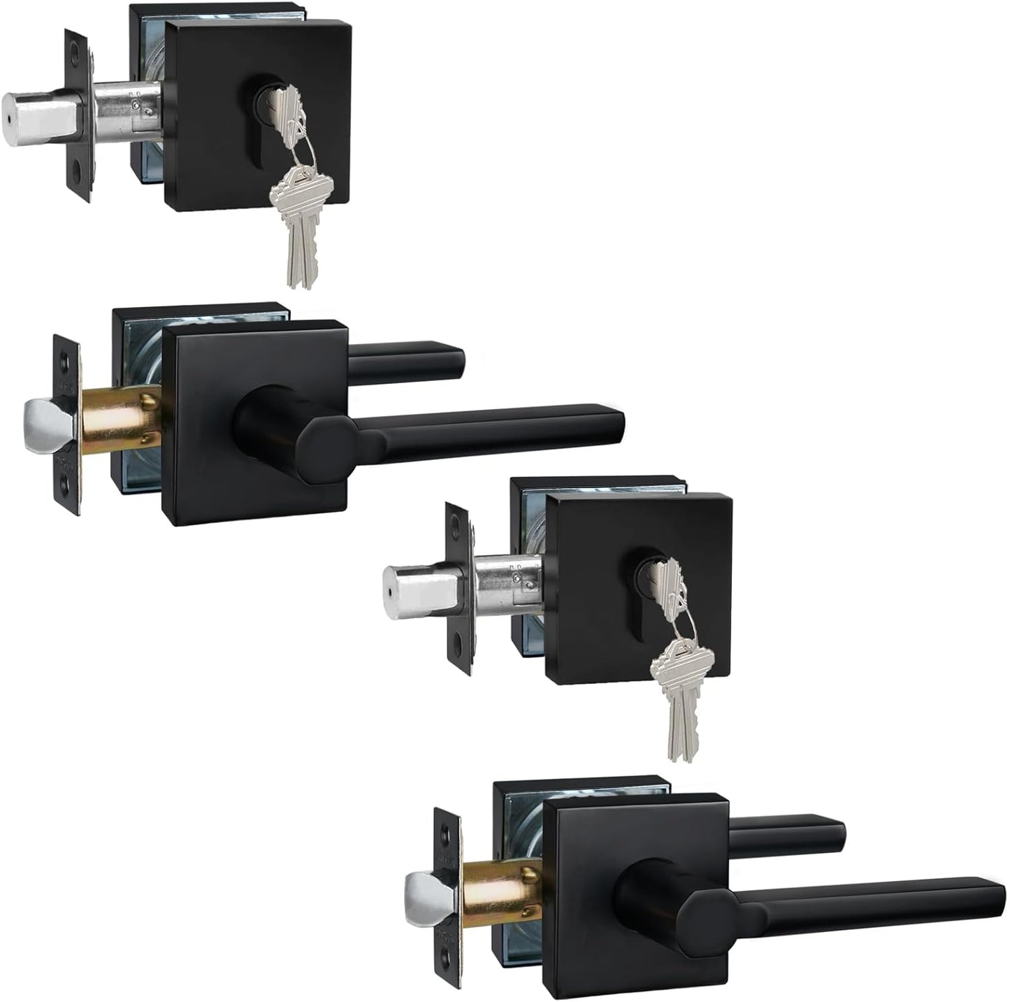 2 Sets Passage Door Lever and Single Cylinder Deadbolt Lock Set, Heavy Duty Square Handle for Entrance and Front Door, Matte Black, Different Keys