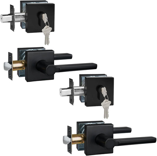 2 Sets Passage Door Lever and Single Cylinder Deadbolt Lock Set, Heavy Duty Square Handle for Entrance and Front Door, Matte Black, Different Keys