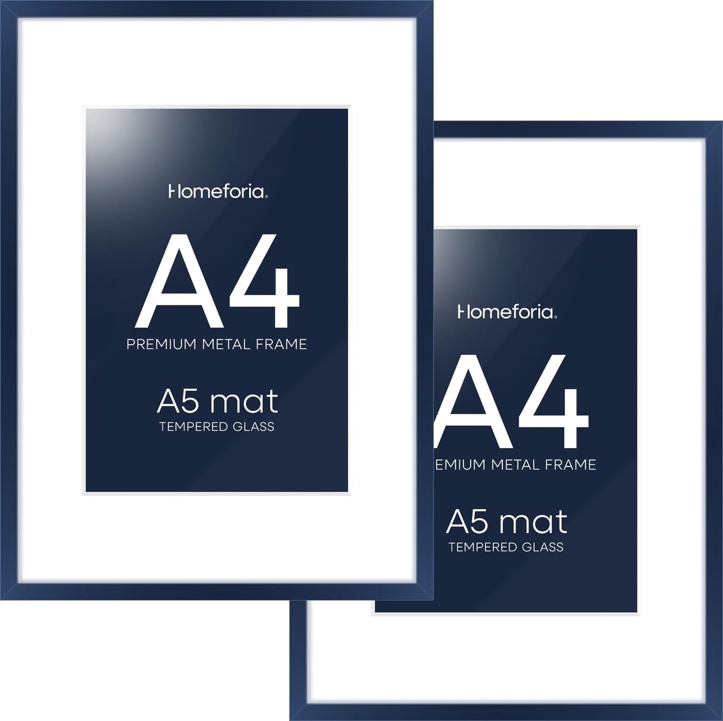 Homeforia A4 Picture Frame Navy Blue, High End Metal 8.3 x 11.7 inch Poster Frames with Mat 5.8 by 8.3 Art, A4 Size Frames Matted to A5 Photo, 8.3x11.7 Wall or Tabletop Frame, Tempered Glass, Set of 2