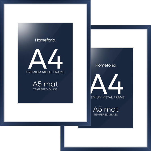 Homeforia A4 Picture Frame Navy Blue, High End Metal 8.3 x 11.7 inch Poster Frames with Mat 5.8 by 8.3 Art, A4 Size Frames Matted to A5 Photo, 8.3x11.7 Wall or Tabletop Frame, Tempered Glass, Set of 2