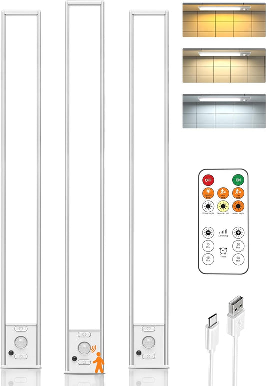 16in Under Cabinet Lighting with Remote, 160 LED Motion Sensor Light Indoor, 4000mAh USB Rechargeable Closet Lights Wireless, 3 Color Temps Under Counter Lights for Kitchen, Pantry, Stair, 3 Pack