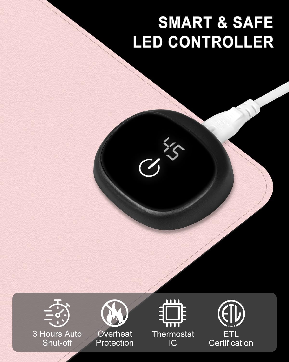 Heated Desk Pad, 23.6" x 14.2" Leather Non-Slip Warm Desk Pad, Large Mouse Mat with 3 Levels Heating & 3 Hours Auto Shut-Off, Hand and Foot Warmer for Office, Home, Pink