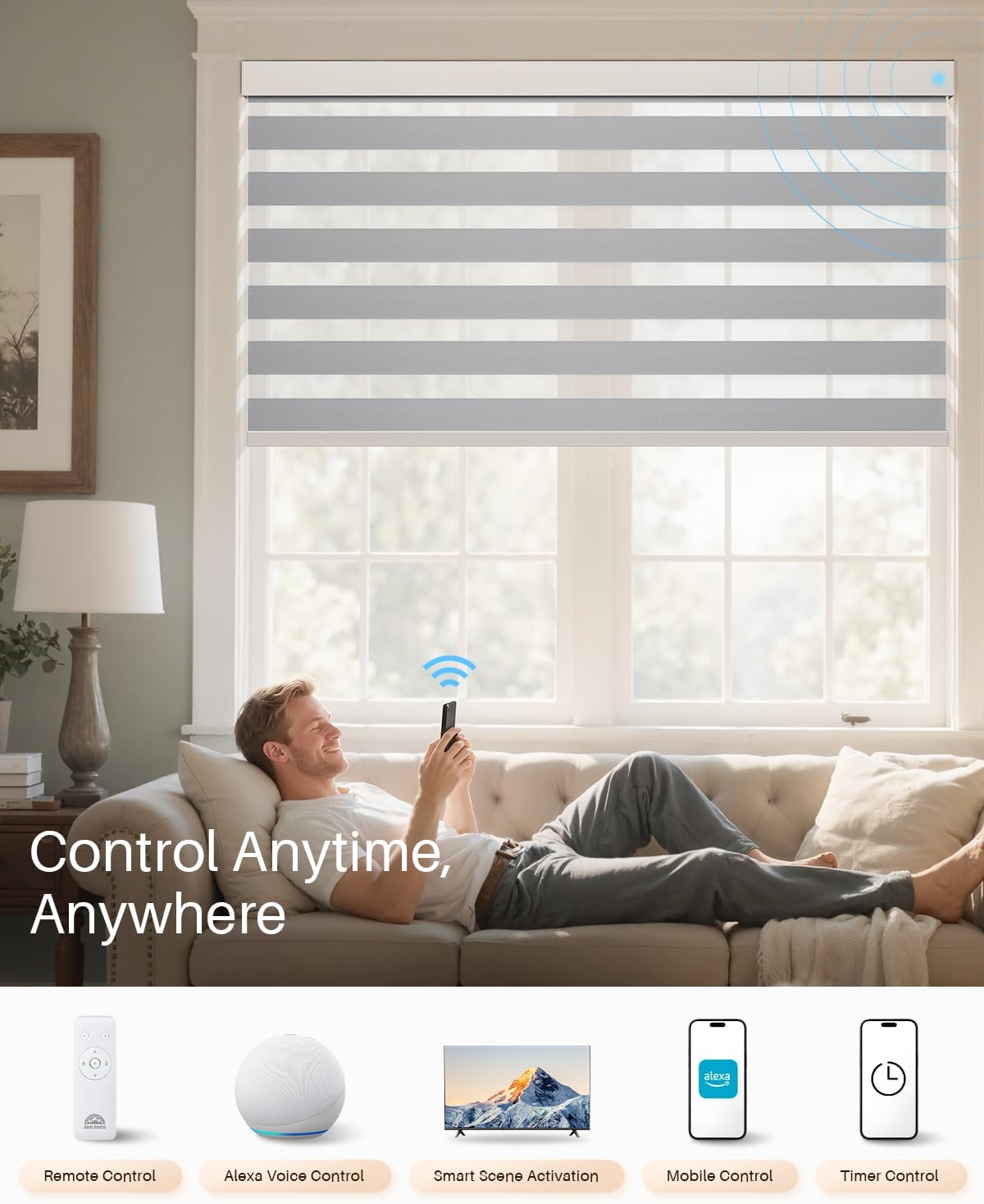 Smart Zebra Blinds for Windows, Alexa Motorized Blinds with Remote Control, Automatic Electric Power Zebra Shades for Indoor Windows (30" W x 72" H, Gray Fabric & White Shell)
