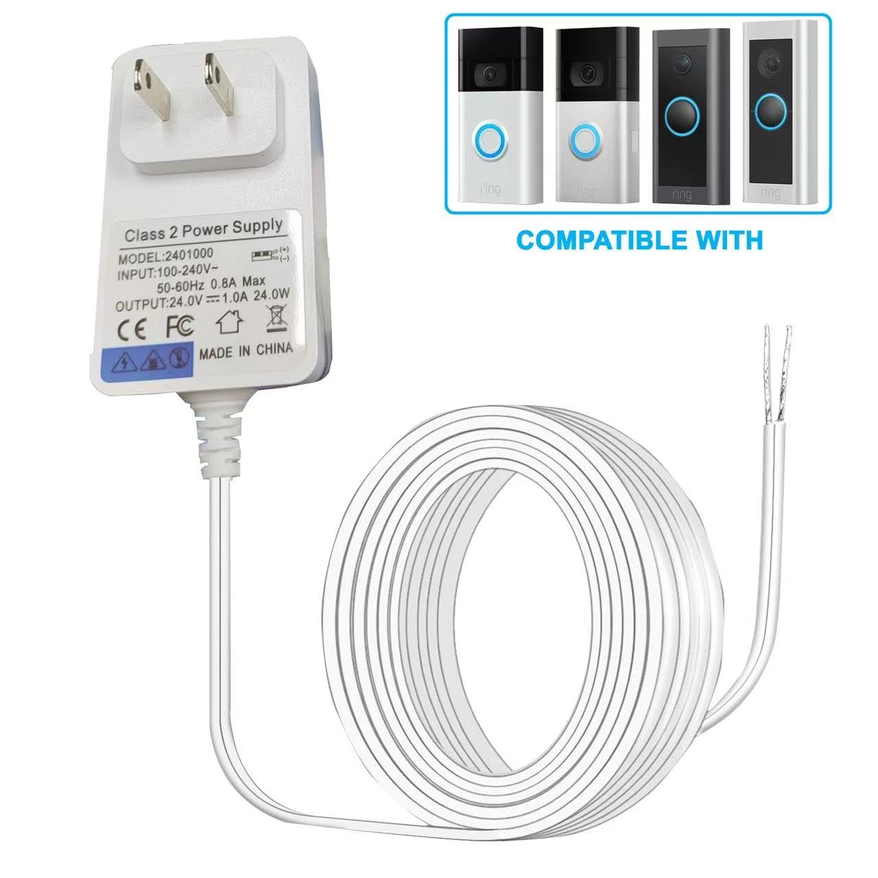 24VDC Video Doorbell Power Adapter, Power Supply Transformer for Ring, Nest, Eufy, Wyze, Arlo, 19.6 ft Cable, White