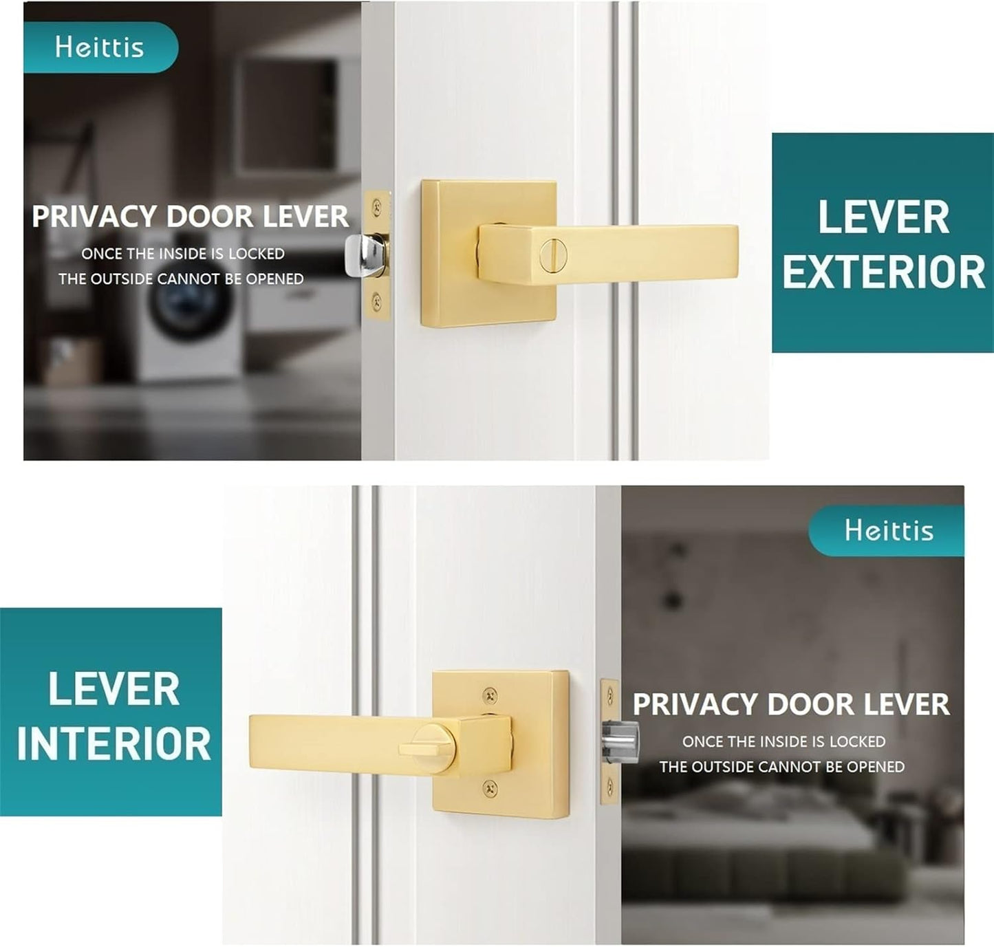 2 Pack Heavy Duty Bathroom Door Handle, Square Stain Brass Privacy Gold Door Locks,Interior Door Knob Locked Inside with Turn Thumb Left/Right Handed Reversible,Keyless