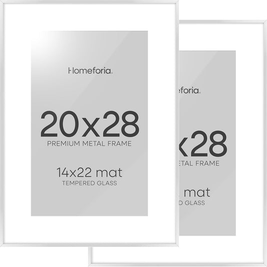 Homeforia 20x28 Picture Frame Silver, High End Metal 20 x 28 Poster Frame with Mat 14 x 22 for Photo, 20x28 Silver Frames Matted to 14x22 Print, 28x20 Hanging Frame, Tempered Glass, Wall Kit, Set of 2