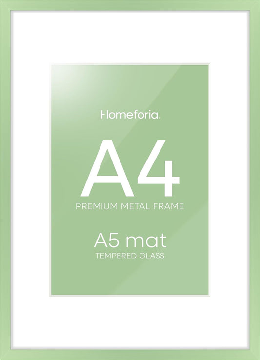 Homeforia A4 Picture Frame Sage Green, High End Metal 8.3 x 11.7 inch Poster Frames with Mat 5.8 by 8.3 Art, A4 Size Frame Matted to A5 Photo, 8.3x11.7 Wall or Tabletop Frame, Tempered Glass, Set of 1