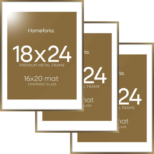 Homeforia Picture 18x24 Bronze Frame, High End Metal 18x24 Brass Poster Frames with Mat 16x20 for Photo, 18 x 24 Frame Matted to 16 x 20 Print, 24x18 Hanging Frames, Tempered Glass, Wall Kit, Set of 3