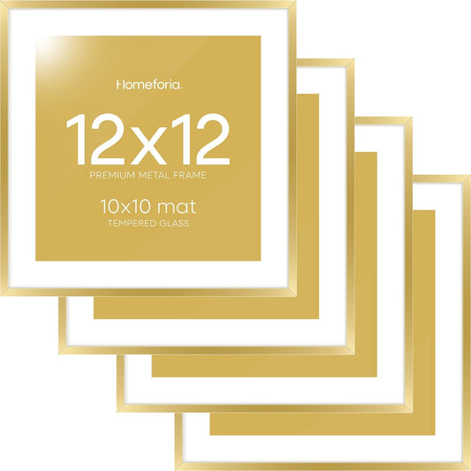 Homeforia 12x12 Picture Frame Gold, High End Metal 12 x 12 Square Poster Frame with Mat 10 x 10 Photo, 12x12 Frame Matted to 10x10 Print, 12by12 Gold Hanging Frames, Tempered Glass, Wall Kit, Set of 4