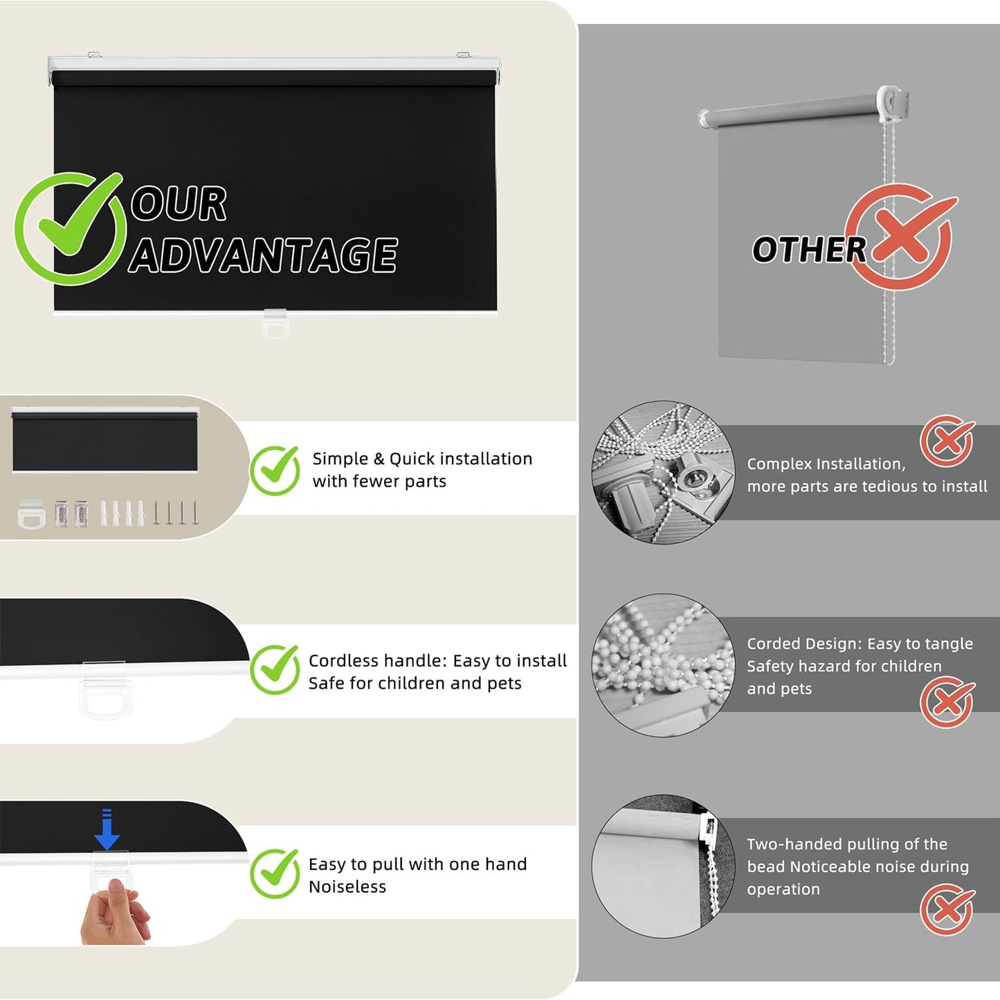 ChrisDowa Cordless Blackout Roller Shades for Windows, Thermal Insulated UV Protection Pull Down Shades, Total Blackout Window Blinds for Home, Office, Bedroom, Door (26" W x 72" H, Black)