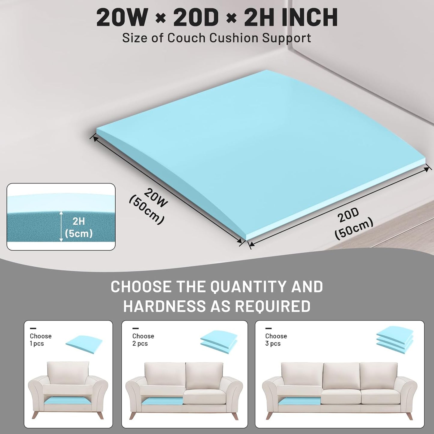 Couch Cushion Support, Sofa Cushion Support for Sagging Couch Seat, 20x20x2in, Couch Replacement Insert, High Density Foam Furniture Seat Sagging Repair, Trapezoid 40D, Blue Set of 2