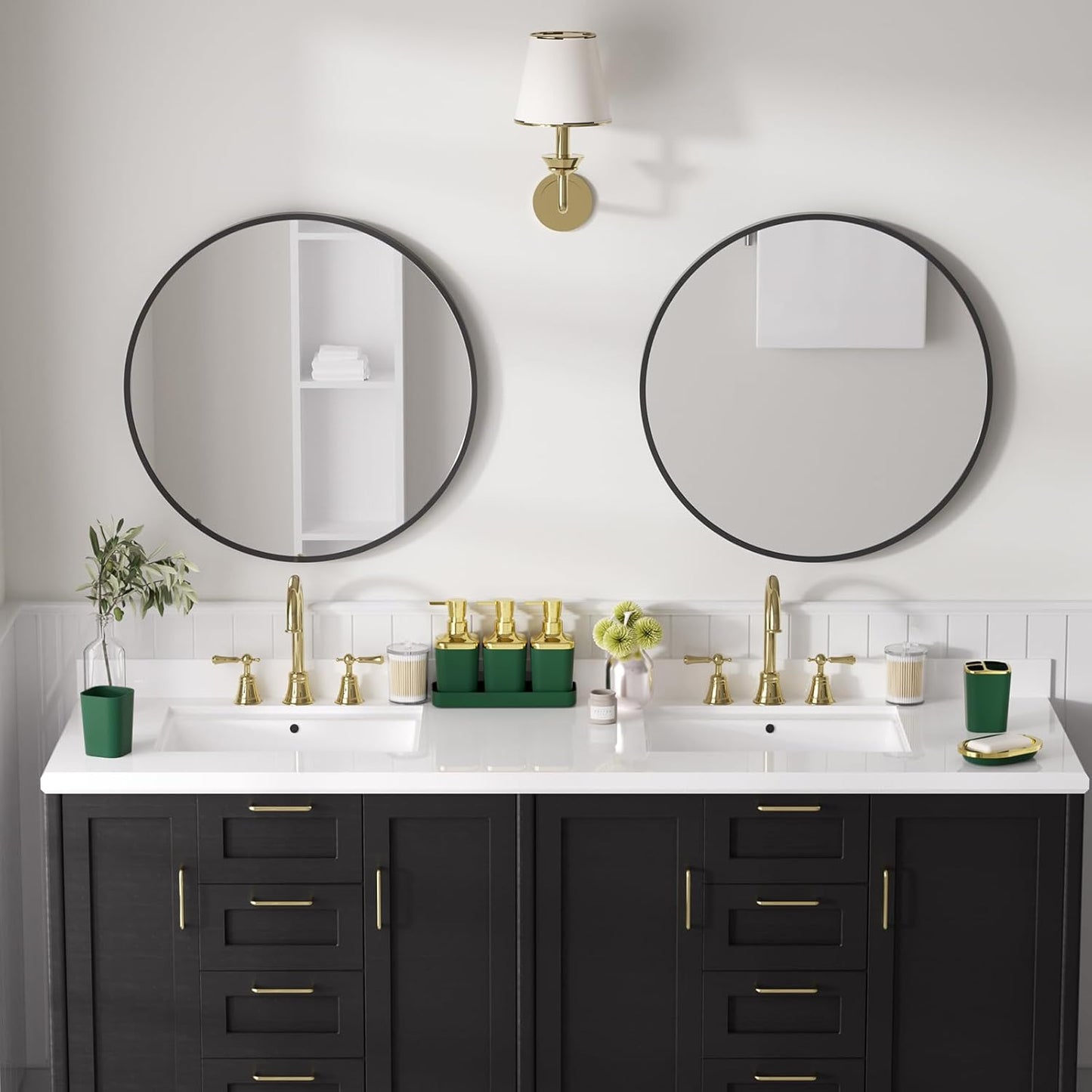Bathroom Sets with Shower Curtain and Rugs, 27PC Bathroom Accessory Set, Green Bathroom Set, Green and Gold Bathroom Accessories Set with Trash Can, Toilet Brush and Soap Dispensers