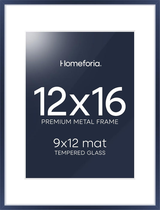 Homeforia 12x16 Navy Blue Picture Frame, High End Metal 12x16 Poster Frames with Mat 9x12 Photo, 12 x 16 Navy Blue Frame Matted to 9 by 12 Print, 16x12 Thin Frames, Tempered Glass, Wall Kit, Set of 1