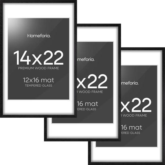 Homeforia 14x22 Frame Black Wood, High End Oak 14x22 Picture Frames with Mat 12x16 Photo, 14 x 22 Wooden Poster Frame Matted to 12 by 16 Print, 22x14 Hanging Frames, Tempered Glass, Wall Kit, Set of 3