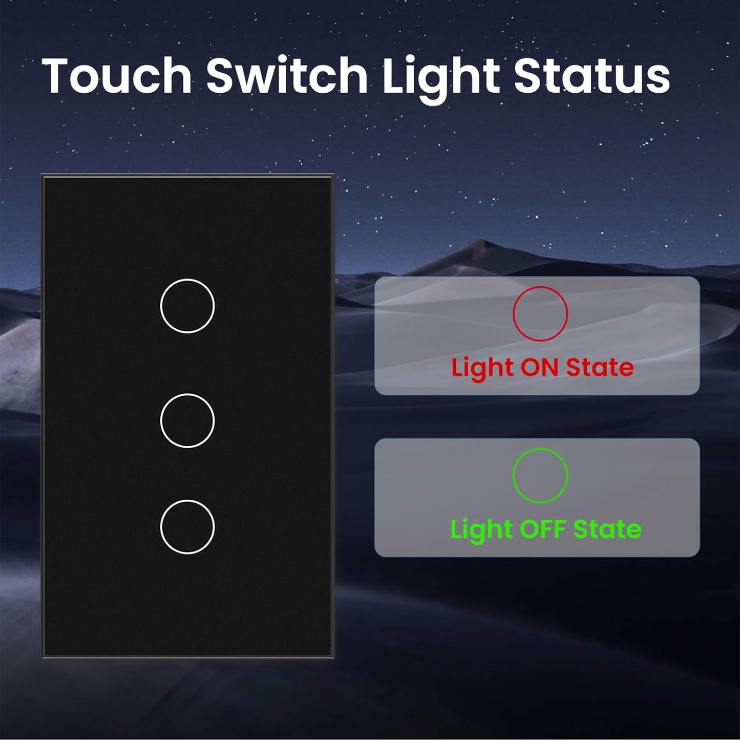 2 Way Light Switch 118X72X34MM No Neutral Wire, Wall Touch Switch 1000W, Tempered Glass Panel, FCC, Black 3 Gang