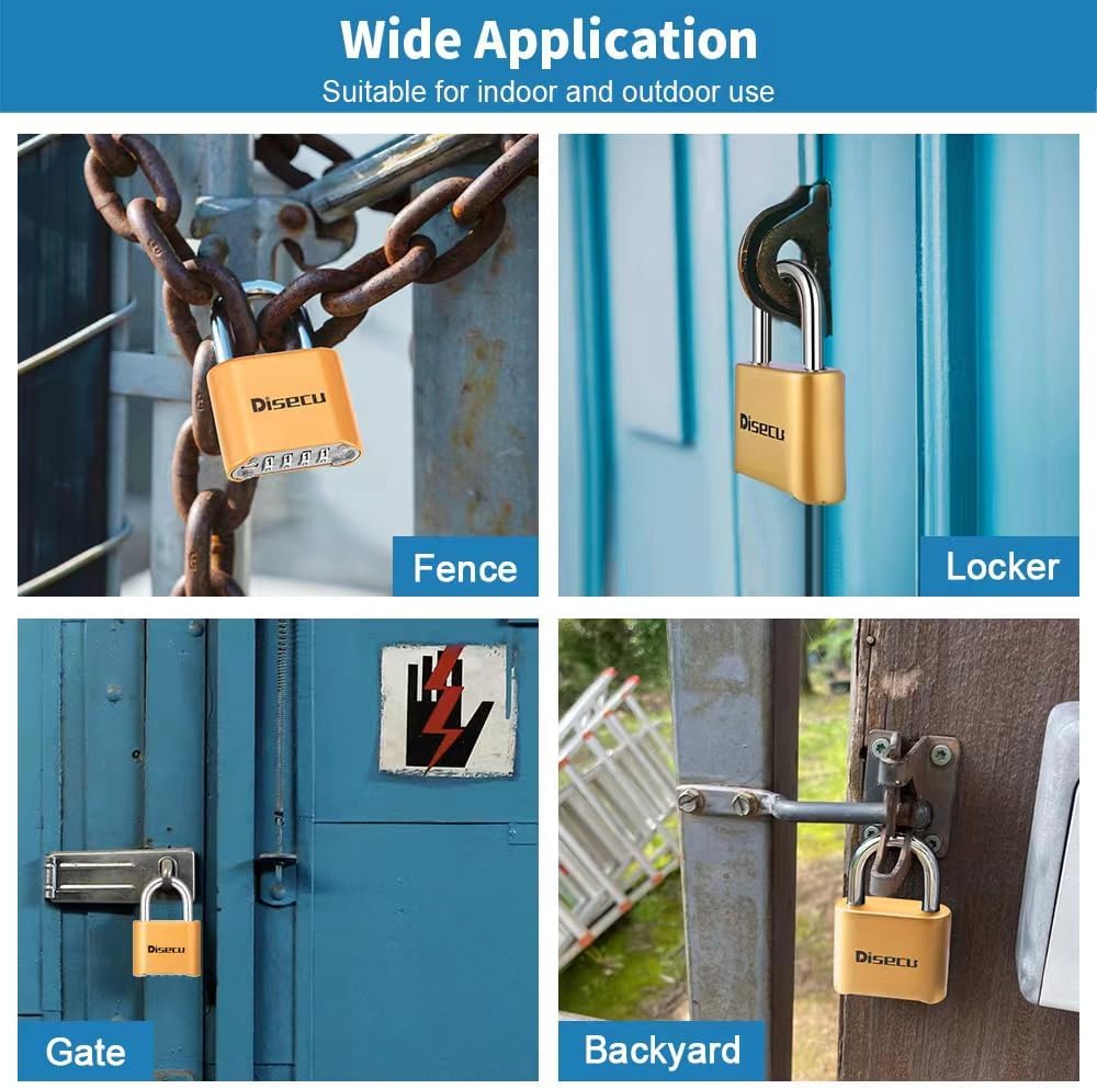 1 Pack disecu Heavy Duty 4 Digit Combination Lock, Anti-Error Feature, Outdoor Waterproof Padlock for School Gym Locker, Fence, Gate, Hasp Storage, Toolbox (Brass)