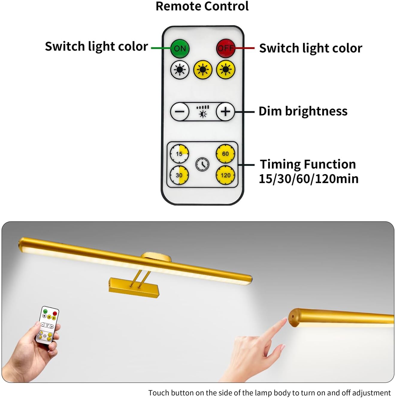 24.4" Wireless Picture Lights, Rechargeable Battery Art Display Light with Remote Control, Dimmable/Timer Off Dartboard Light, 3 Lighting Modes Full Metal Painting Display Lights (Black-1Pack)