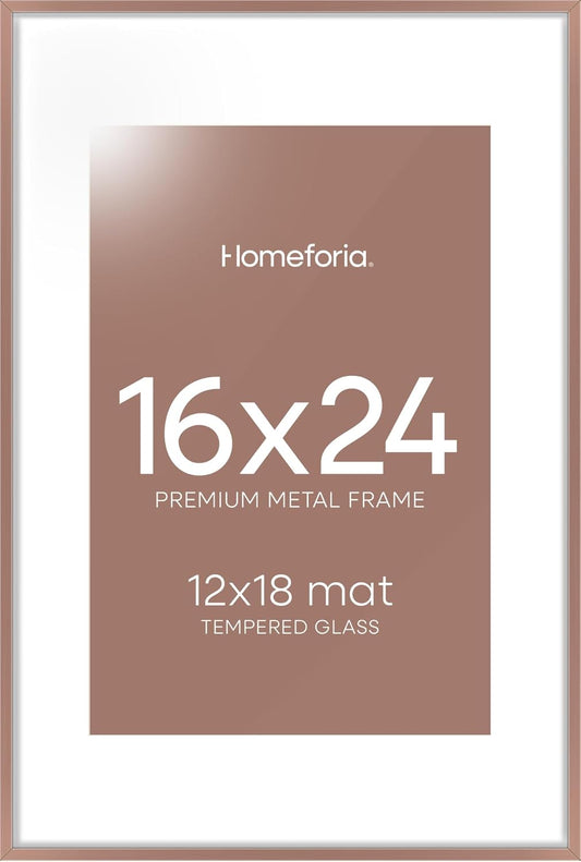 Homeforia 16 x 24 Picture Frame Mocha, High End Metal 24x16 Poster Frame, 16 x 24 Mocha Frames Matted to 12 by 18 inch Print, 24by16 Thin Frame with Mat 12x18 Photo, Tempered Glass, Wall Kit, Set of 1