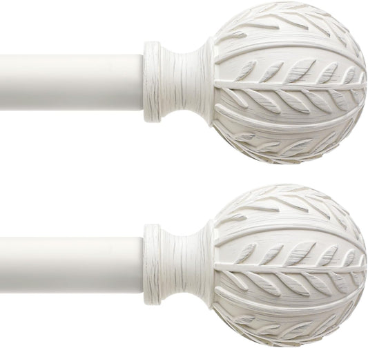 2 Pack Antique White Curtain Rods for Windows 28 to 48 inch,1" Adjustable Heavy Duty Window Curtain Rod with Leaf Finials,Rustic Decorative Drapery Rods Set,Size:18-60''