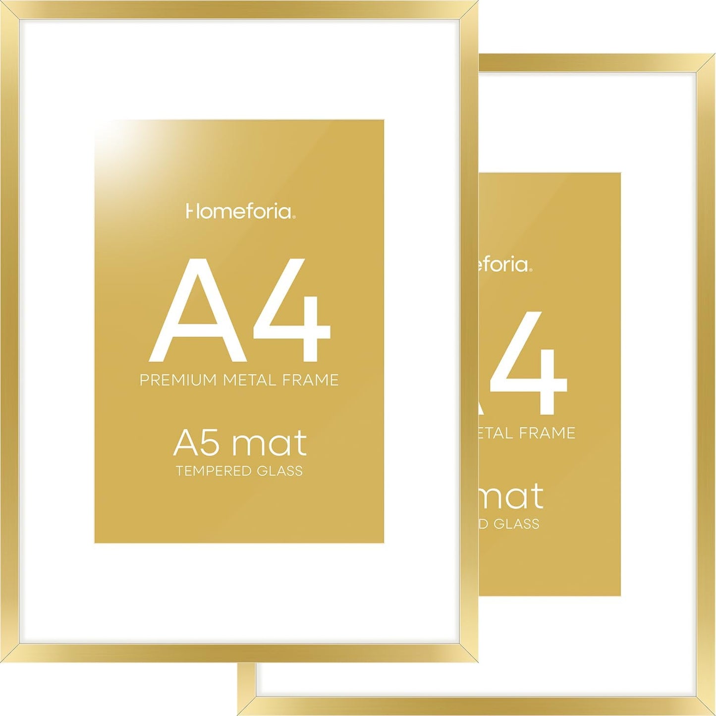 Homeforia A4 Gold Picture Frame, High End Metal 8.3 x 11.7 Frames for Wall or Tabletop, Gold A4 Certificate Frame with Mat A5, 8.3x11.7 Frames Matted to 5.8x8.3 Art, Tempered Glass, Wall Kit, Set of 2