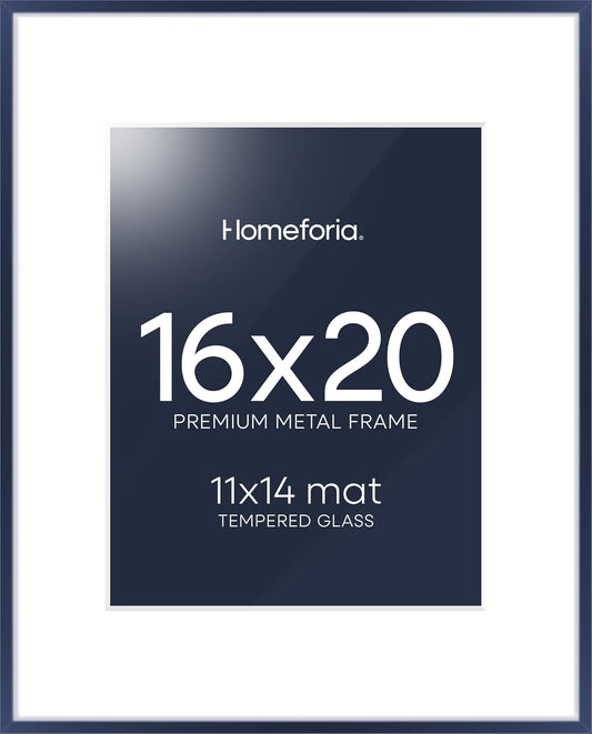 Homeforia 16x20 Navy Blue Picture Frame, High End Metal 16x20 Poster Frames with Mat 11x14 inch Photo, 16 x 20 Navy Blue Frame Matted to 11 by 14 Print, 20x16 Frame, Tempered Glass, Wall Kit, Set of 1