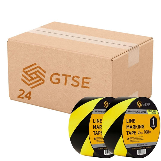 GTSE 2 inch x 108 ft Black/Yellow PVC Vinyl Floor Tape, 24 Rolls, Safety Marking Tape, 6 mil Thick, Suitable for Dance Floors, Gyms, Warehouses, Sports Facilities