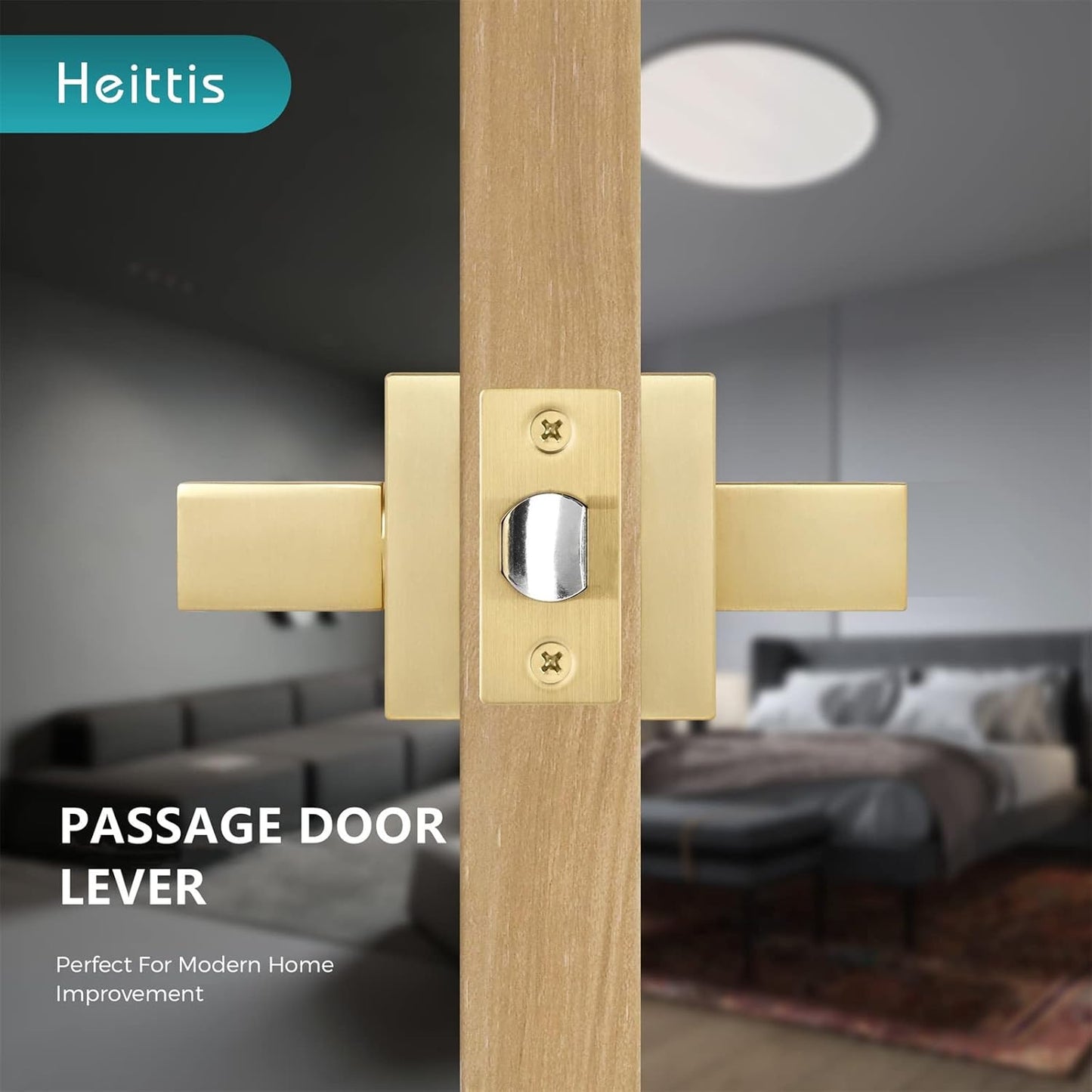 2 Pack Heavy Passage Door Handle Stain Brass Keyless Square Door Lever with Modern Contemporary Design for Hallway or Closet