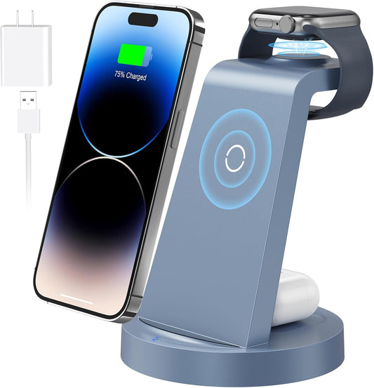 3 in 1 Charging Station for Apple Device, Wireless Charger for iPhone 16 15 14 13 12 11 Pro Max & Apple Watch iwatch- Charging Stand Dock for AirPods