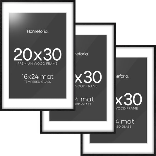 Homeforia 20x30 Black Wood Frame, High End Oak 20x30 Wooden Picture Frames with Mat 16x24 Photo, 20 x 30 Poster Frame Matted to 16 by 24 Print, 30x20 Hanging Frames, Tempered Glass, Wall Kit, Set of 3
