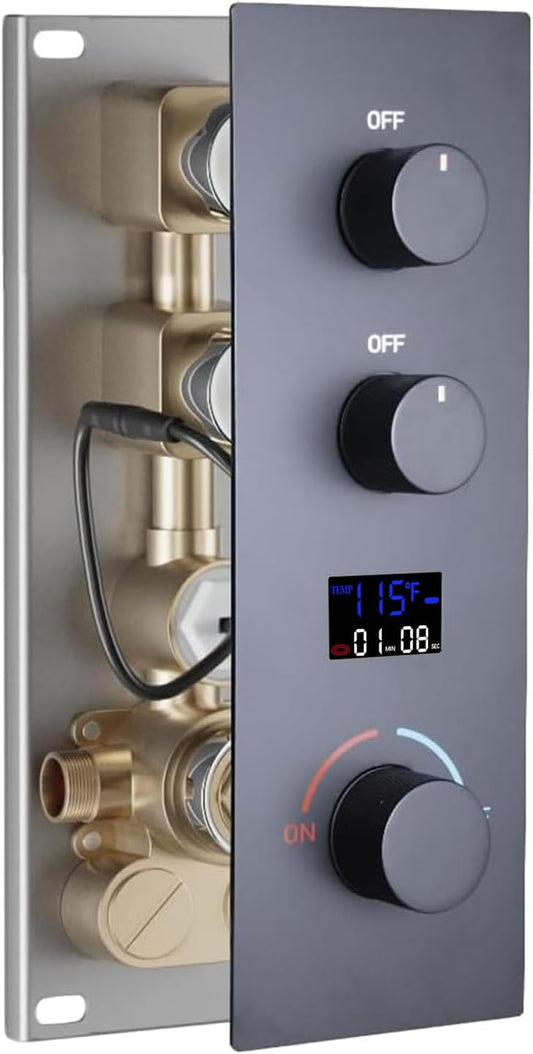 2 Way Shower Diverter Valve Brass 2 Functions Digital Temperature Display Thermostatic Shower Mixing Valve Kit 3 Handle Flow Cotrol Valve, Can Run Simultaneously Matte Black