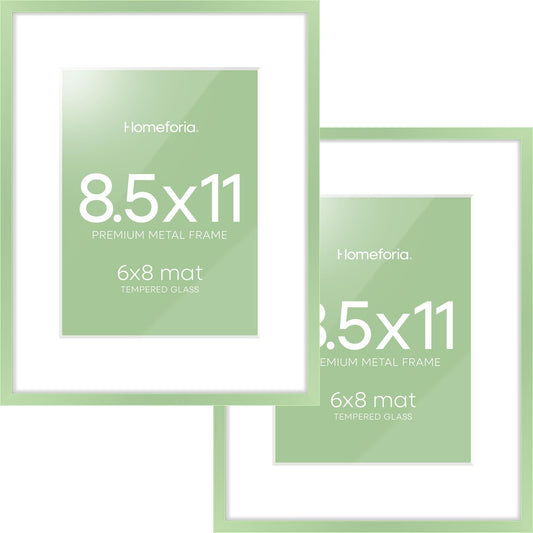 Homeforia 8.5x11 Sage Green Frame, High End Metal 8.5 x 11 Picture Frames with Mat 6 by 8 inch Photo, 11x8.5 Poster Frame Matted to 6x8 Art, Wall or Tabletop Frames, Tempered Glass, Wall Kit, Set of 2