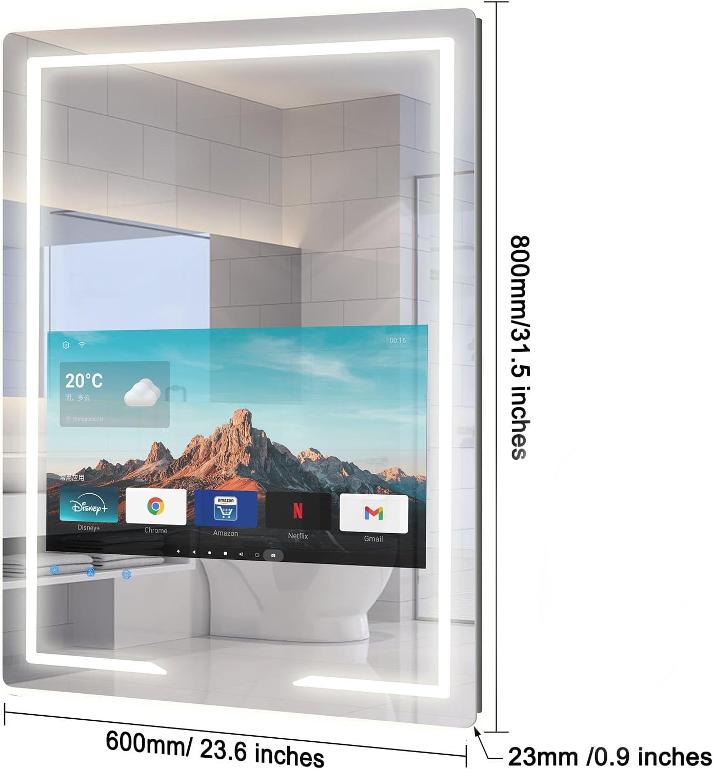 24x32 Inch Bathroom TV, Smart Vanity Mirror with 21.5'' Touch-Screen TV, IP66 Waterproof Defogging Mirror TV with 3 Color LED Light HDMI Android System for Bathroom Hotel Hair Salon (2025)
