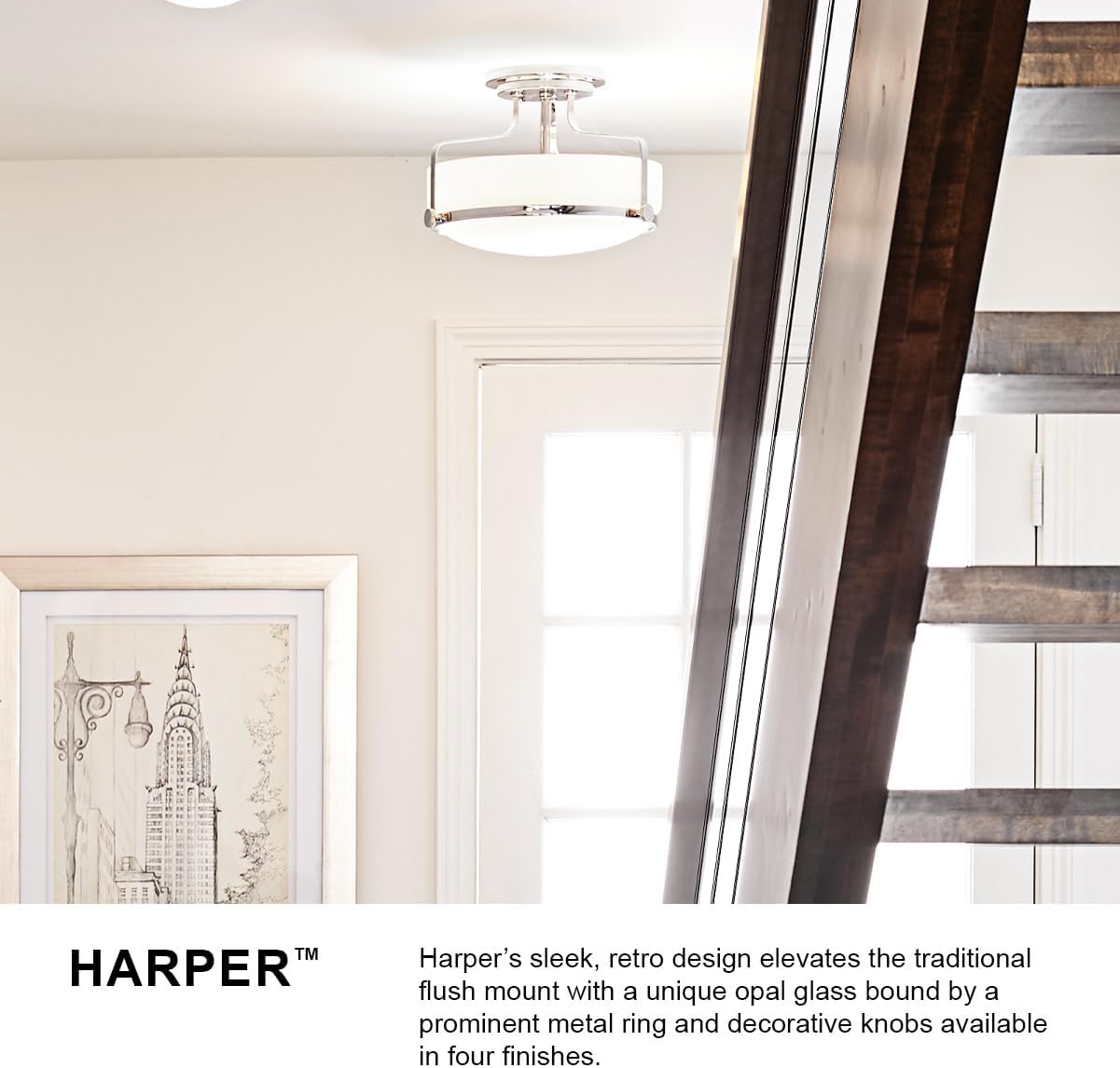 Hinkley Harper Medium Semi-Flush Mount Ceiling Light - Sleek, Retro Style, Etched Opal Glass - Heritage Brass Finish