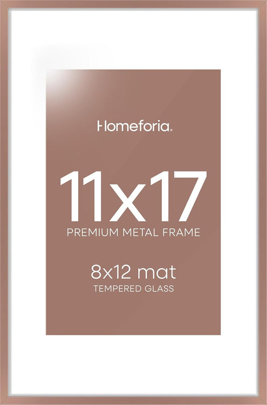 Homeforia 11 x 17 Picture Frame Mocha, High End Metal 11x17 Poster Frames with Mat 8x12 for Photo, 11 x 17 Mocha Frame Matted to 8 x 12 inch Print, 17x11 Thin Frame, Tempered Glass, Wall Kit, Set of 1